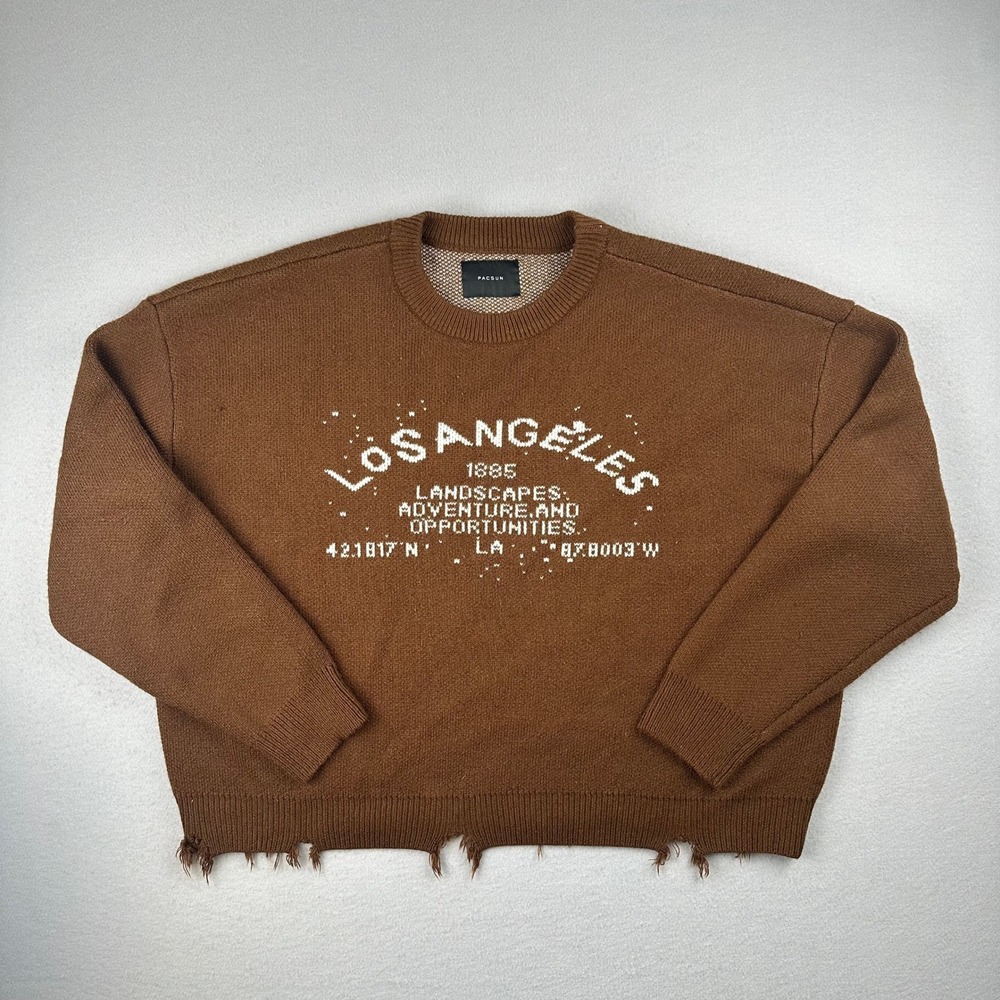 PacSun Graphic Sweater Women XL Brown Los Angeles Distressed Frayed Hem Knit
